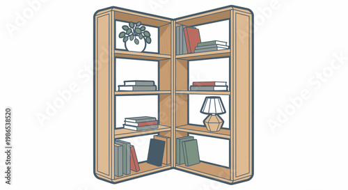 Wooden Bookcase with Various Objects.