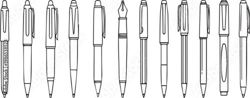 Line Drawing Collection of Various Types of Pens and Writing Instruments stationery