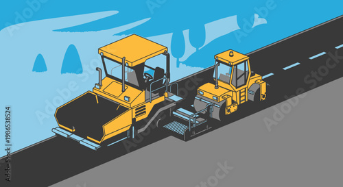 Yellow road rollers on asphalt pavement.