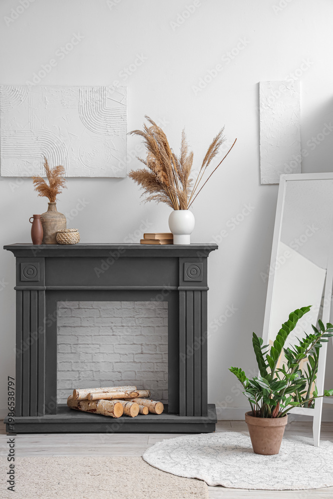 Fototapeta premium Interior of living room with decorative fireplace and mirror