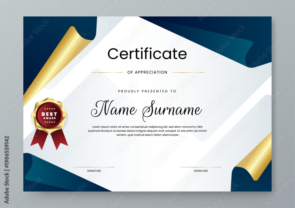Fototapeta premium Professional landscape certificate design with dark blue background and luxury gold shield award badge