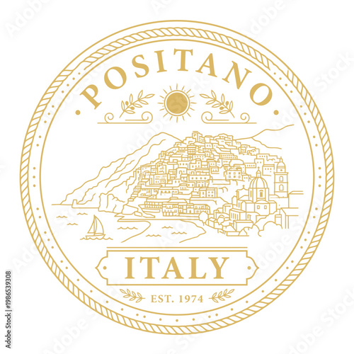 Positano Italy circular vintage travel badge with coastline line art vector illustration