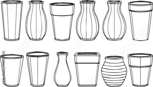Outline Drawings of Various Vases and Glasses on White Background container vessel