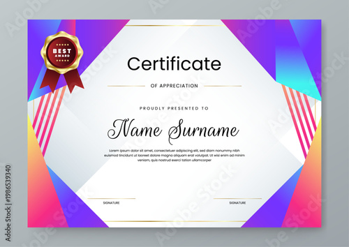 Landscape orientation certificate with abstract colorful triangles and gold seal for corporate and personal recognition