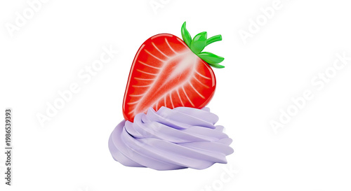 3D render of a strawberry slice on purple whipped cream