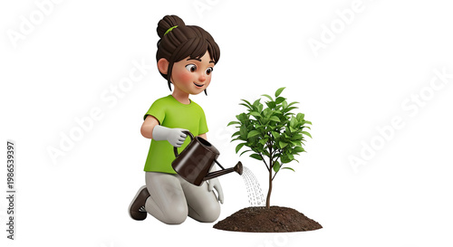 3D Cartoon Girl Watering a Small Tree