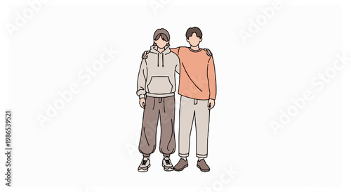 A young man in an orange sweater and a woman in a beige hoodie stand side by side with an arm around each other against a white background.