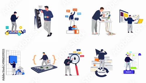 Set of Software Development and Programming Vector Illustrations Featuring Developers Working on Code, Debugging, Web Design, and Mobile App Creation Scenes.