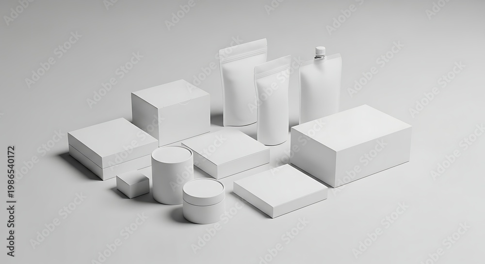 Fototapeta premium Collection of blank white cosmetic packaging containers and boxes on a light gray background.