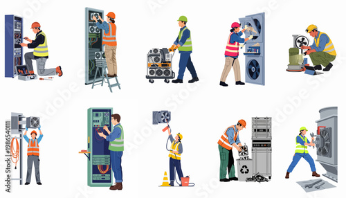 Diverse collection of professional technicians performing maintenance, repairs, and installations on electrical systems, server racks, and industrial cooling equipment.