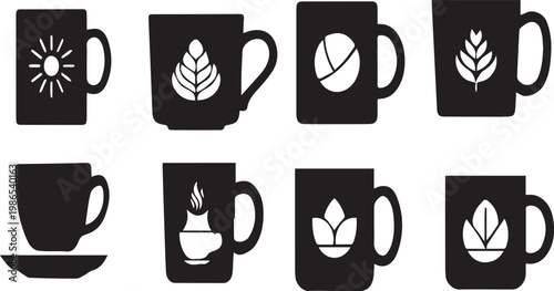Set of Eight Black Coffee Mug Icons with Various White Symbols on White Background