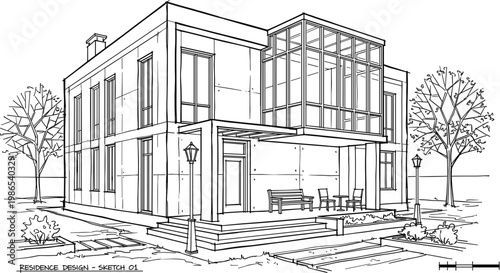 Modern residential design sketch with glass corner extension, clean volumes and outdoor seating space in architectural line vector illustration