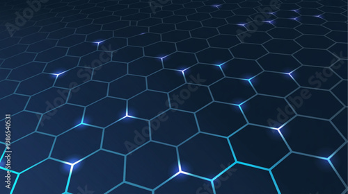Dark blue hexagonal grid, glowing neon lines, futuristic technology background, cyberpunk design element