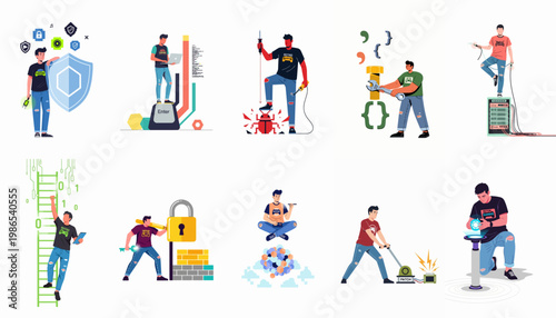 Flat illustration set depicting software developers and IT professionals engaged in coding, debugging, cybersecurity, and server management tasks.