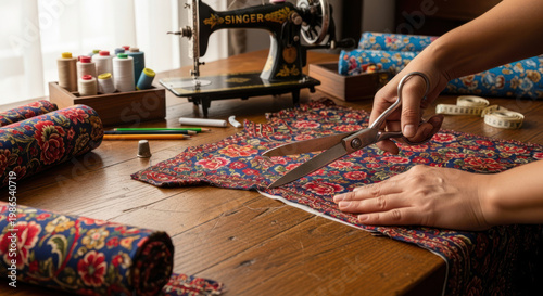 Hands Cutting Fabric at Sewing Machine with Floral Pattern.