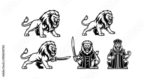 Monochrome Lion Illustrations - Regal Beasts and Warrior Kings in Vector Art.