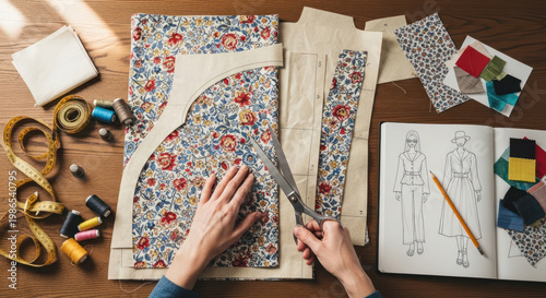 Hands Cutting Fabric for Sewing Project with Design Sketches.