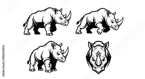 Monochrome rhinoceros illustrations showcasing strength and wildlife beauty.