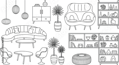 Modern living room furniture set with sofa, shelves and decor, interior design vector illustration collection