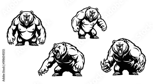 Powerful Bear Illustrations - Aggressive Wildlife Art in Black and White.