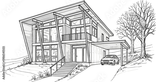 Modern sloped roof house with dynamic angular structure, carport and elevated entrance in detailed architectural line vector illustration