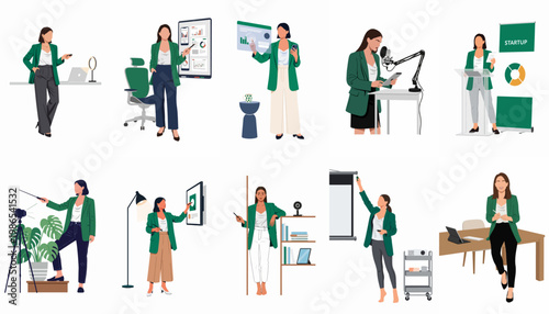 Collection of Professional Business Woman Character Illustrations for Presentations, Content Creation, and Modern Office Work Environments in Flat Vector Style