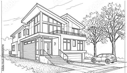 Modern suburban house with garage, driveway and car parked outside in detailed residential architectural line vector illustration