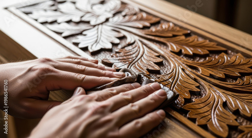 Hands Detailing Intricate Wood Carving with Precision and Care.