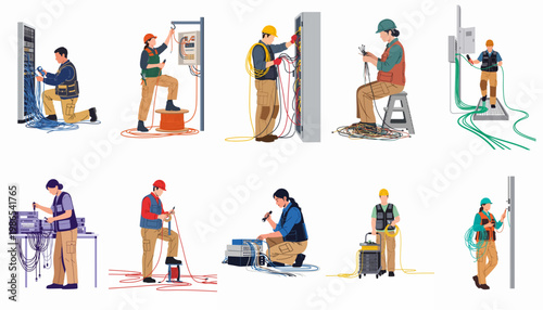 Set of professional male and female electricians and network technicians working with electrical panels, servers, and cables in various industrial settings.