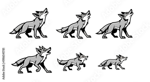 Six stylized wolves in various poses, howling and walking.