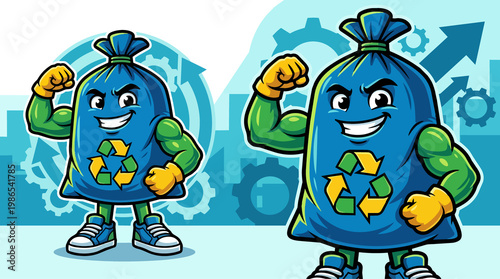 Two Colorful Cartoon Recycling Bags Mascots Pose.