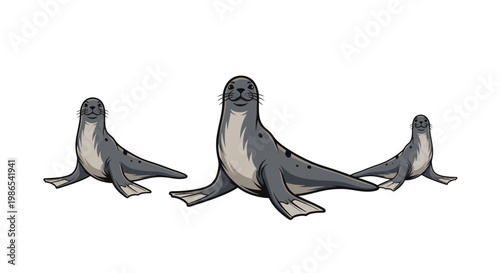 Three seals resting on a white background, digital illustration.