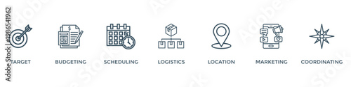 Event management banner web icon vector illustration concept with icon of target, budgeting, scheduling, logistics, location, marketing, and coordination