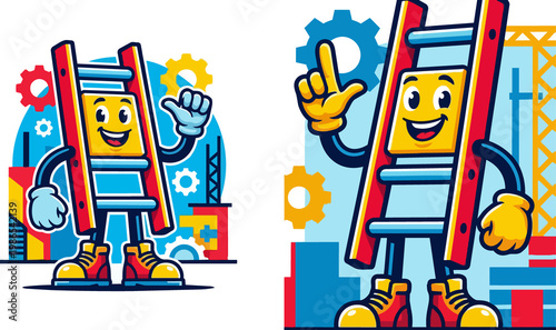 Playful Cartoon Ladders With Cheerful Industrial Characters.