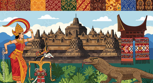 A woman in traditional dress dances near a dinosaur and an ancient temple.