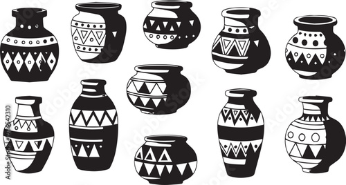Ten Black and White Silhouettes of Decorative Tribal Pottery and Vases Keywords: pottery, vase, jar, ceramic, clay