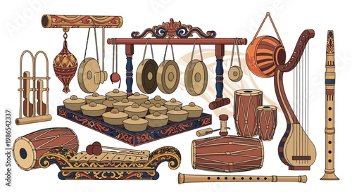 A colorful illustration of various traditional musical instruments on display