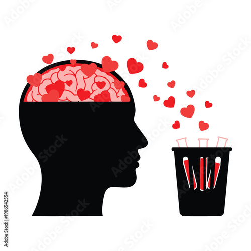 Conceptual Silhouette of Human Head Removing Love Emotions and Feelings into a Trash Bin Container