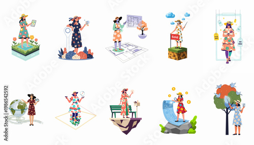Set of flat illustrations showing women navigating the future of real estate through technology, virtual reality, and digital mapping.