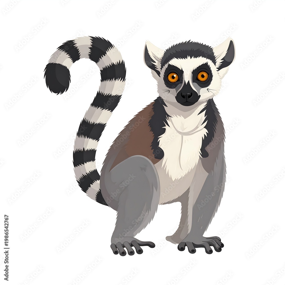 Fototapeta premium A cartoon lemur with large orange eyes and a long tail