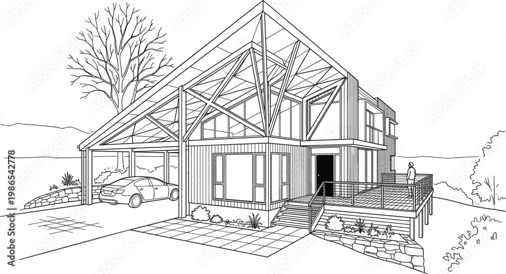 Fototapeta premium Modern timber frame house with exposed roof structure, spacious deck and carport in detailed architectural line vector illustration