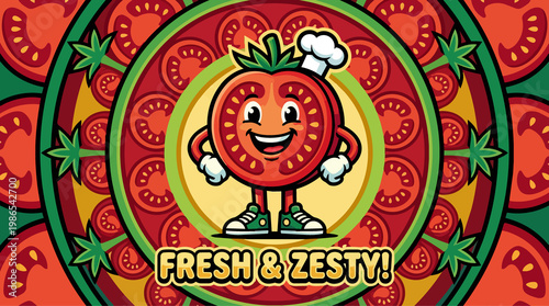 Fresh Zesty Tomato Cartoon Label With Chef Theme.