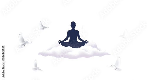 Meditating woman, yoga silhouette, peaceful cloud, mindfulness vector