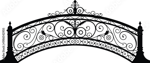 Ornate iron bridge with decorative scrollwork, vintage architectural structure silhouette vector illustration design