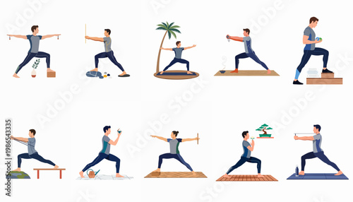 Collection of flat vector illustrations depicting a man practicing yoga, stretching, and mindful exercises in diverse environments for a healthy lifestyle.