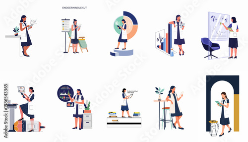Vector illustrations of female endocrinologists analyzing medical data, charts, and digital tablets in various clinical and research settings.