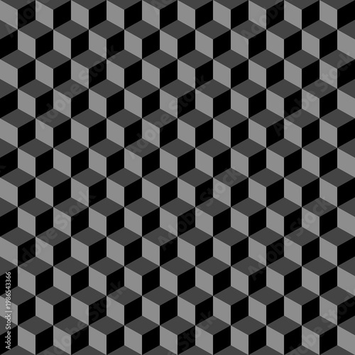 Seamless isometric cube pattern with 3D optical illusion effect. Monochrome geometric design featuring repeating grey and black cubes in a grid layout for architectural background.