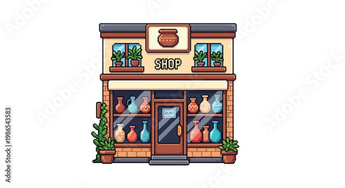 A pixel art vector illustration of a charming two-story pottery shop featuring colorful vases in the display window and potted plants.