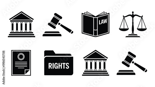 law and justice icon collection in black, set includes courthouse judge gavel law book justice scale legal document and rights folder icons for legal system vector illustration.