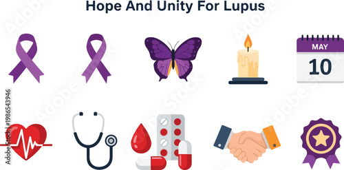 Hope And Unity For Lupus Awareness Vector Icon Set - Purple Ribbon, Butterfly, Calendar, Medical Symbols